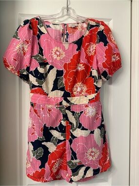LOFT Floral Romper in Pink, Coral & Navy